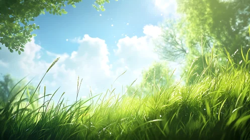 Lush Sunlit Meadow with Dewy Grass in Vibrant Realistic Style.