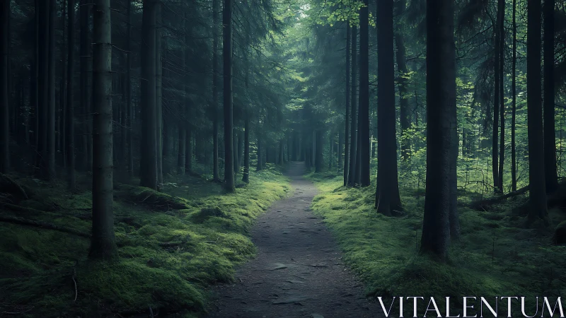 Forest trail receding into depth with moss-covered ground and tall coniferous canopy.