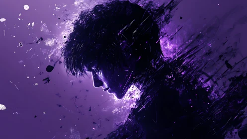 Violet-lit male profile dissolves into dynamic abstract shards