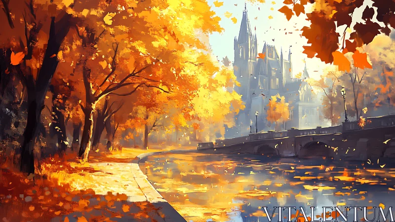 Golden riverside stroll beneath drifting autumn leaves.