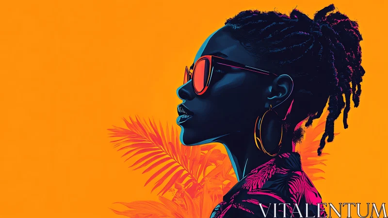 Profile portrait shows neon-lit woman on bright orange background