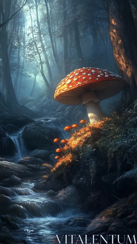 Glowing forest mushrooms crown a misty stream at twilight