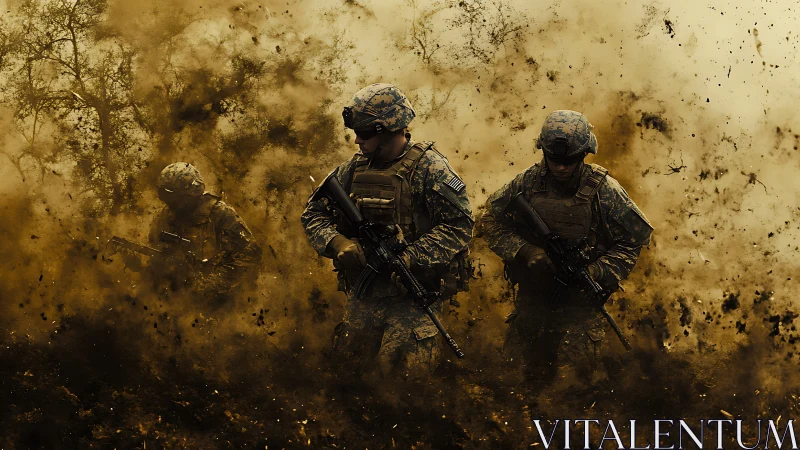 Soldiers advancing through explosive battlefield dust storm.