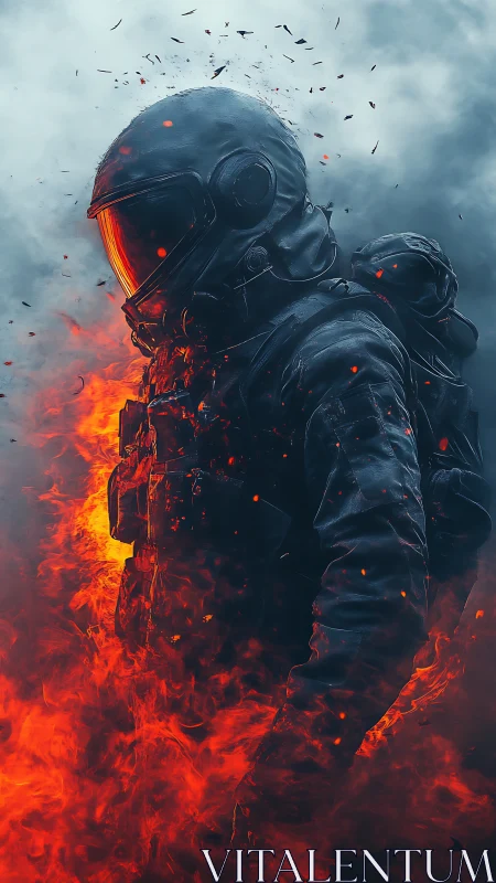 Solitary armored figure amid dense flames and smoke.