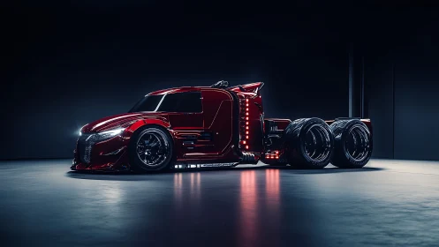 Futuristic red semi truck renders under dramatic studio lighting