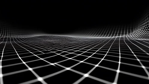 Digital wireframe landscape curves through black void.