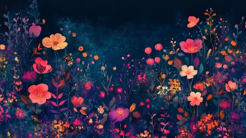 Luminous Wildflower Garden Against Deep Teal Night.