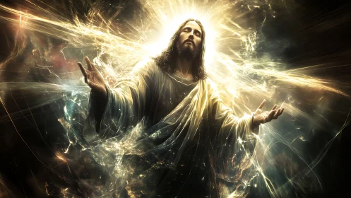 Radiant robed figure stands in swirling divine golden light.