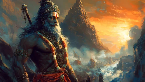 Mythic warrior deity surveys river valley under volcanic sunrise