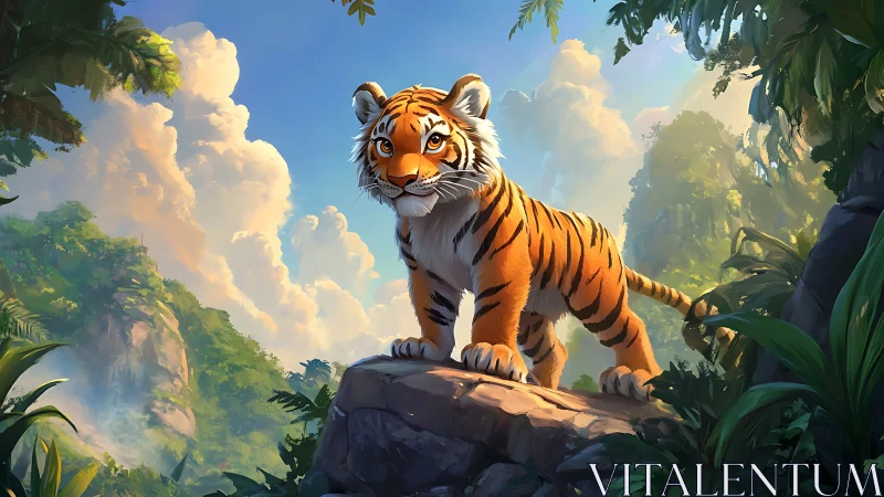 Playful tiger cub on sunlit jungle rock ledge.