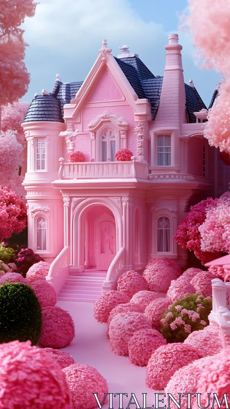 Neo-romantic pink mansion rendered in hyperreal 3D lighting