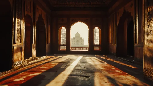 Interior corridor frames sunlit domed monument at sunrise