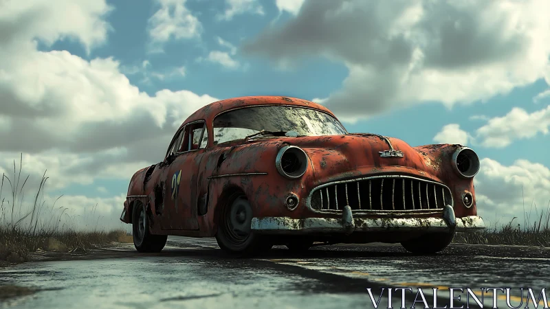 Rust-corroded vintage sedan rendered with cinematic low-angle lighting