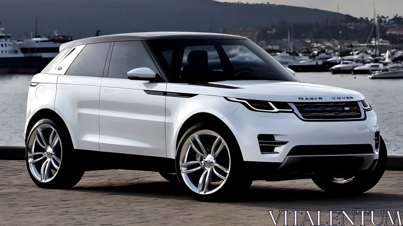 White compact luxury SUV rendered at marina with chrome wheels