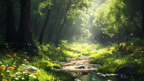 Forest Stream with Sunlit Canopy and Wildflowers