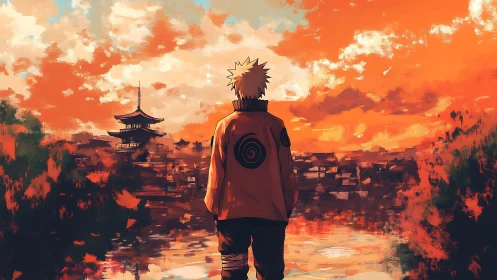Solitary shinobi overlooking sunset-drenched painted city.