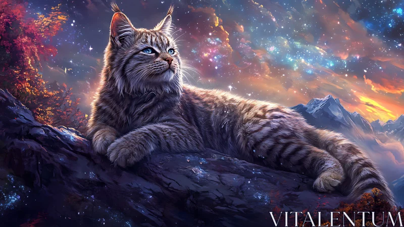 Majestic Cosmic Wildcat Gazing Across Starlit Realms