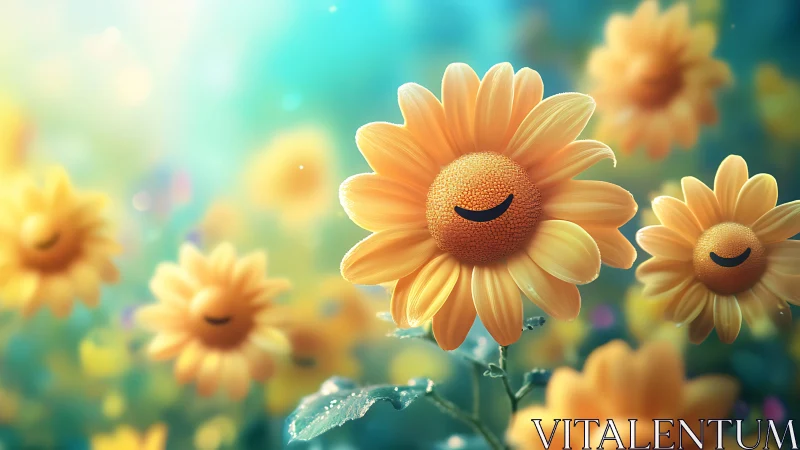 Smiling yellow flowers glow in dreamy turquoise spring light.