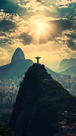 Backlit monumental statue over Rio skyline under radiative sky.