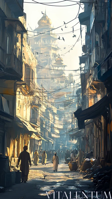 Sunlit bazaar corridor with layered domes and cable lattice.