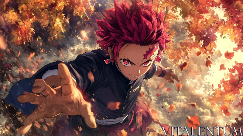 Dynamic red-haired warrior leaping through autumn foliage.