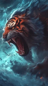 Storm-lit tiger roar bursting through electric twilight.