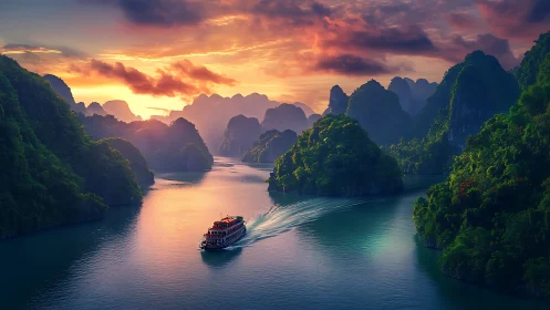 Tour boat gliding through lush karst river at sunset.