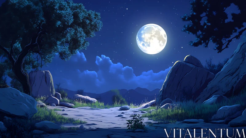 Moonlit rocky path rendered in atmospheric anime nightscape