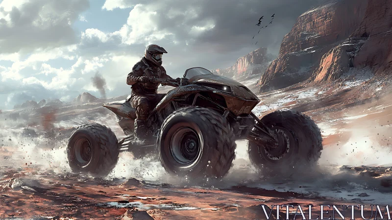 Rider operates four‑wheeled all‑terrain vehicle in desert canyon