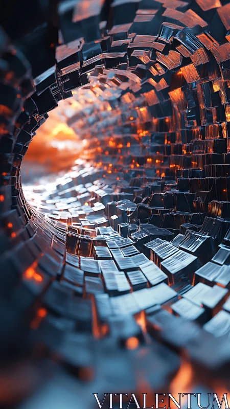 Futuristic metallic tunnel coils around molten light core.