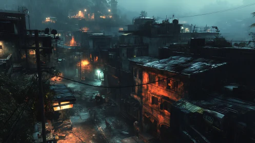 Rain-soaked hillside slum is lit by scattered neon signage