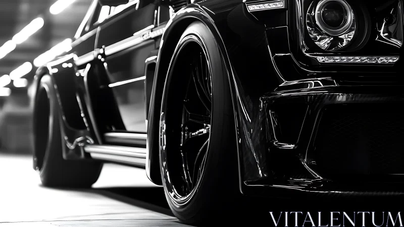 Low-angle close-up isolates widebody black coupe with high-gloss reflections