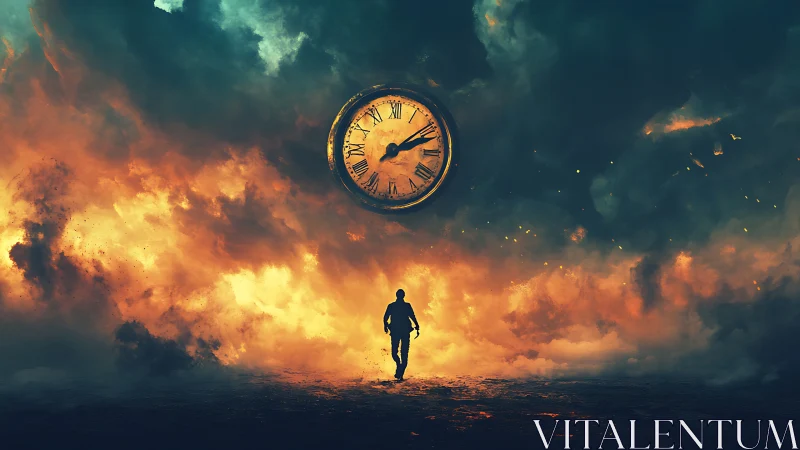 Silhouetted figure advances toward oversized clock in turbulent sky
