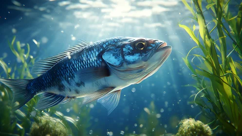 Blue-toned fish swimming in sunlit underwater vegetation.