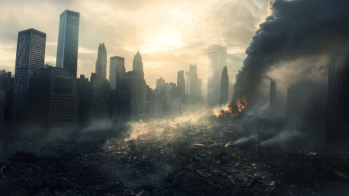 Smoldering urban ruins beneath a hazy, backlit skyline.