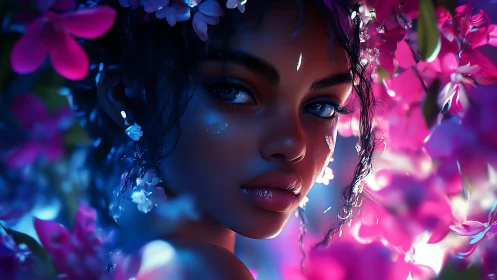Enchanting flower-crowned gaze in glowing neon garden.