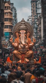 Photorealistic urban Ganesh procession with monumental statue.