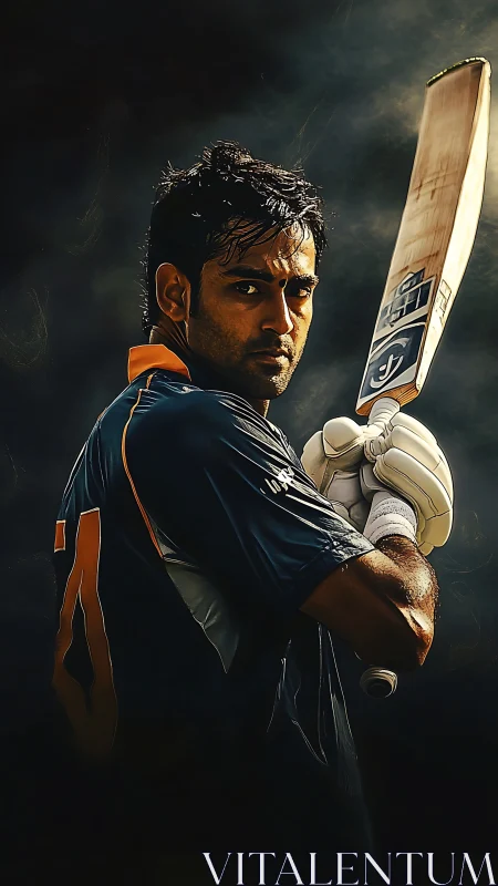Cricketer holds raised bat in dramatic low key lighting