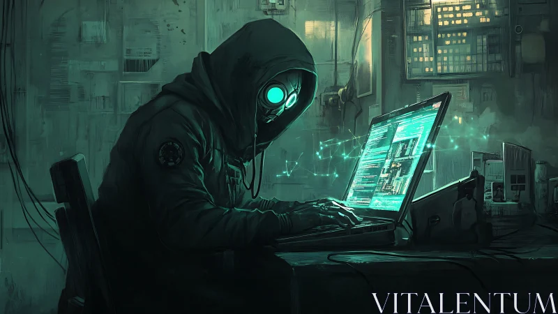 Hooded cyber hacker coding at glowing laptop in dark room.