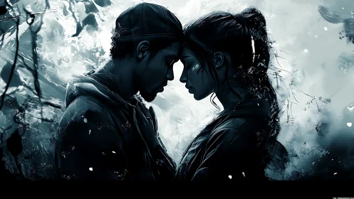 Silhouetted figures rendered with bilateral symmetry composition in grayscale atmospheric environmen