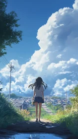 Rear view of girl observing rural town under cumulus clouds