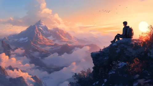 Solitary dreamer greeting sunrise above painted peaks.