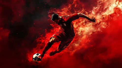 Soccer player in red kit striking ball amid red effects.
