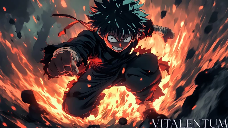 Determined anime hero charges forward through blazing energy.
