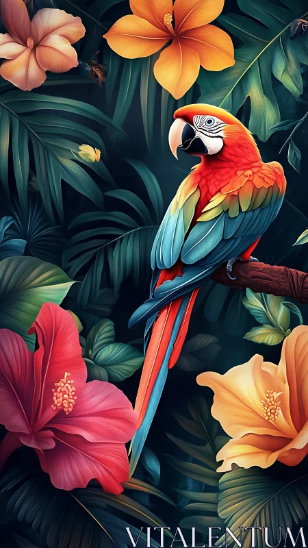 Vibrant scarlet macaw perches amid lush tropical blooms