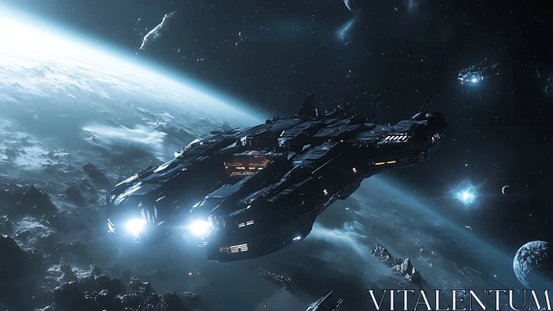 Large spacecraft in planetary orbit within dense asteroid field.