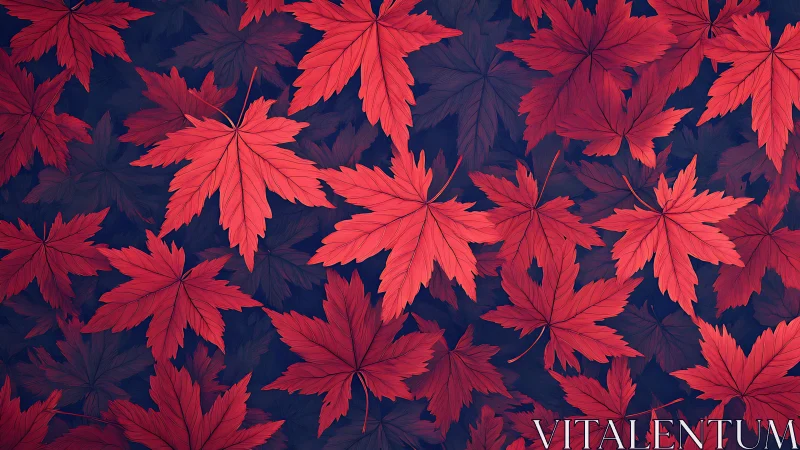 Crimson maple foliage arranged over deep indigo ground plane.