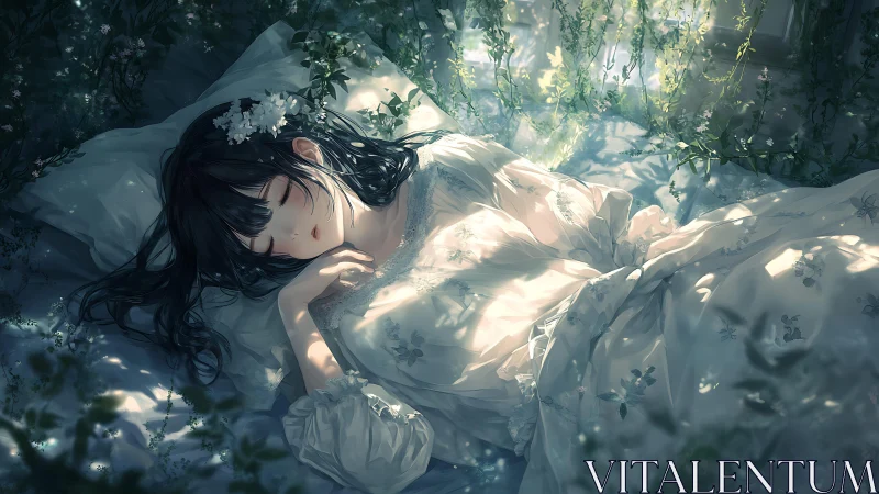 Soft morning dreamscape with a girl resting in flowers.