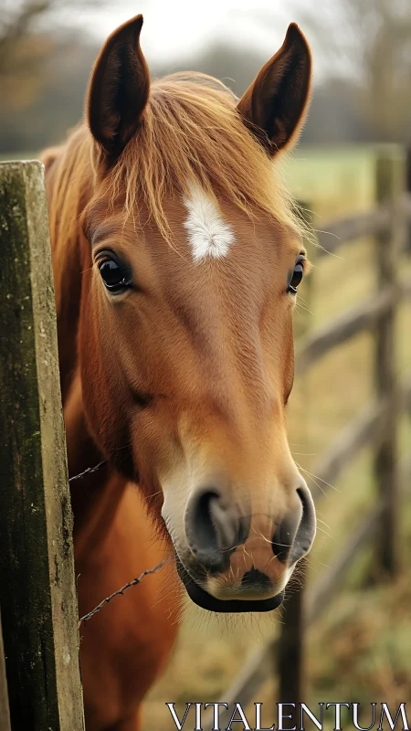 Chestnut farm horse with star blaze nuzzles rustic fence.