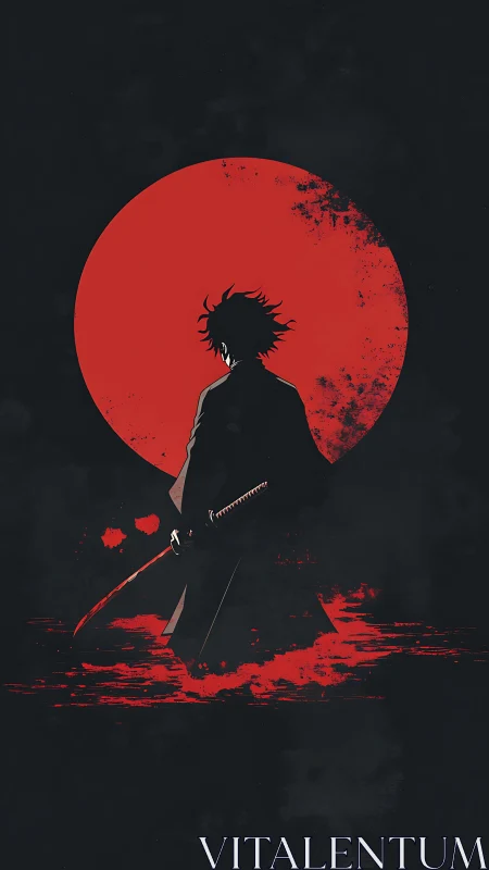 Backlit samurai silhouette before distressed red sun circle